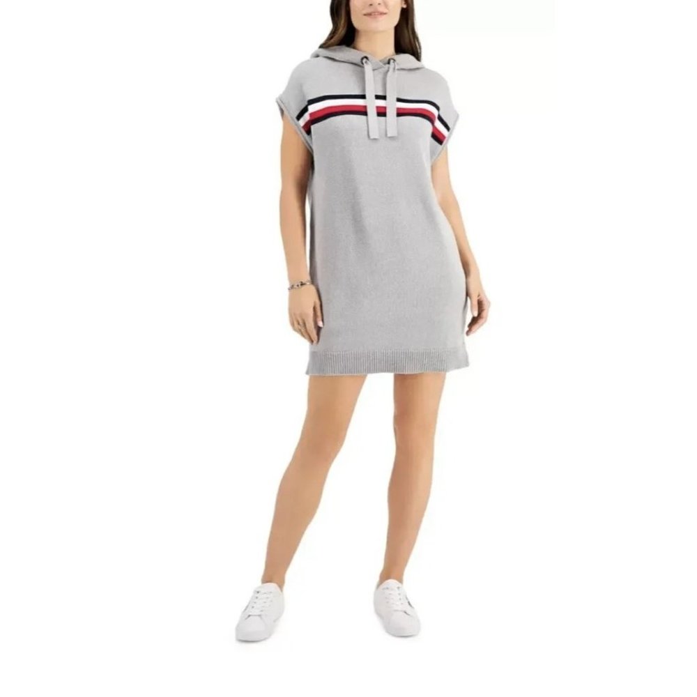 Tommy Hilfiger Women's Sleeveless Hooded Gray Sweater Mini Dress Size Med B2-13